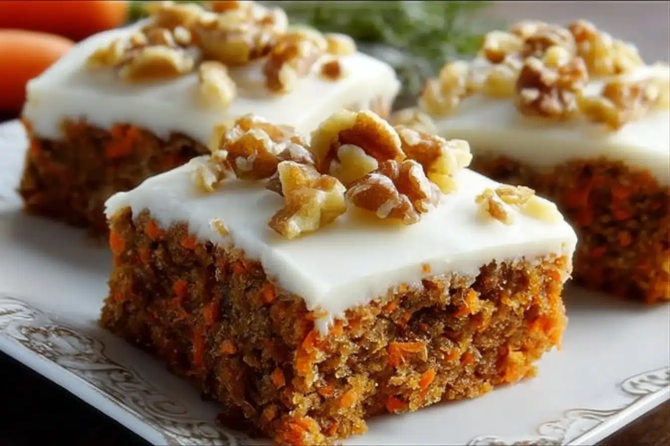 Slice of delicious carrot sheet cake topped with cream cheese frosting