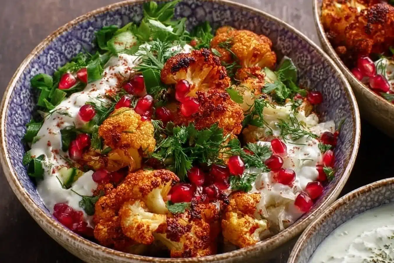 Delicious cauliflower shawarma bowls served with fresh vegetables and sauce.