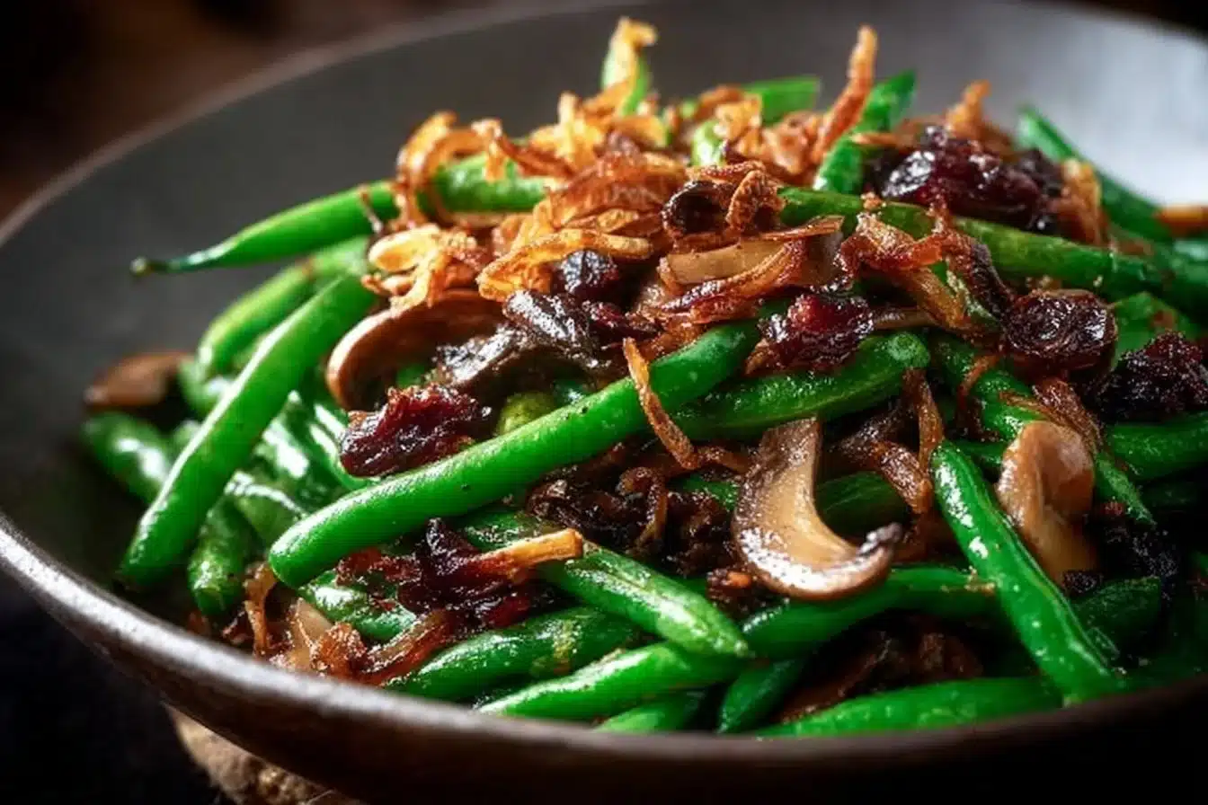 Delicious green beans with wild mushrooms and crispy shallots served in a bowl