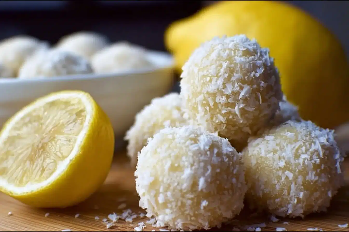 Delicious Lemon Balls 3 Delicious lemon balls rolled in powdered sugar on a white plate