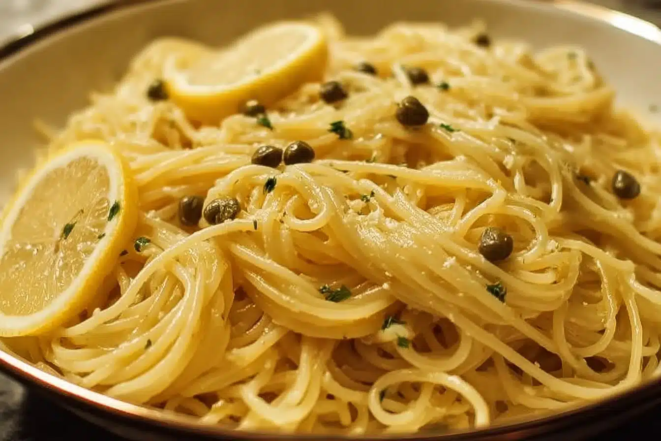 Delicious lemon caper pasta garnished with fresh herbs