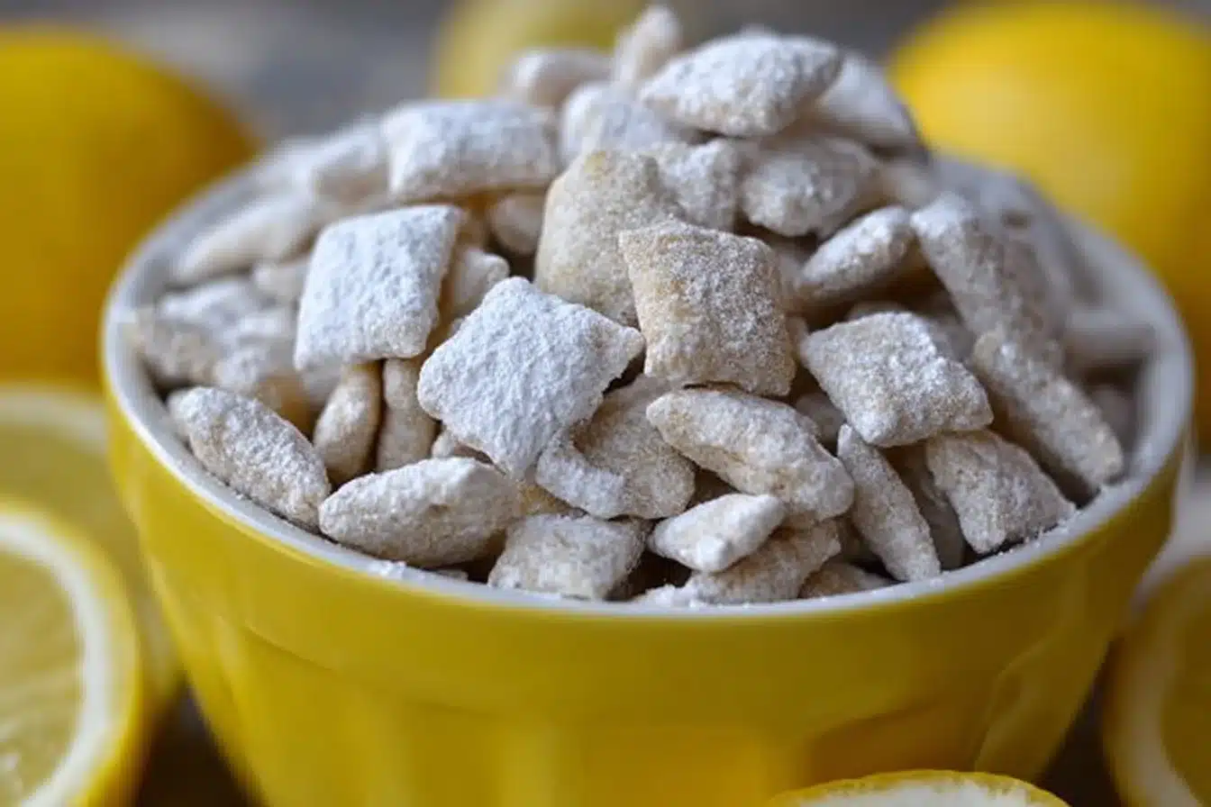 Delicious Lemon Puppy Chow 3 Bowl of delicious lemon puppy chow snack mix with lemon zest and powdered sugar