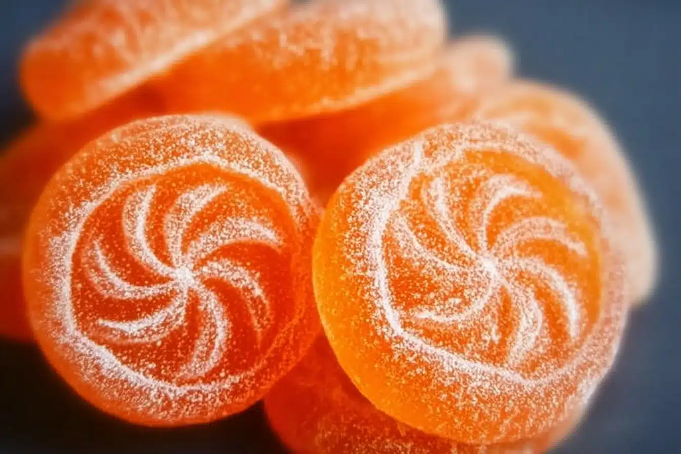 Delicious orange candy pieces in a bright, enticing display.