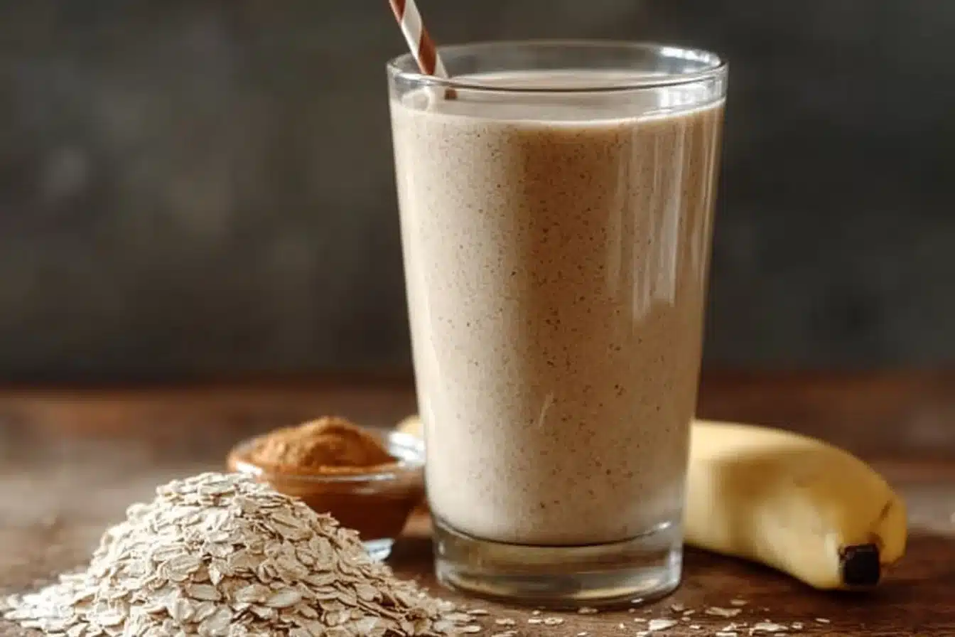 Delicious Peanut Butter Oatmeal Smoothie 2 A delicious peanut butter oatmeal smoothie in a glass with oats and bananas.