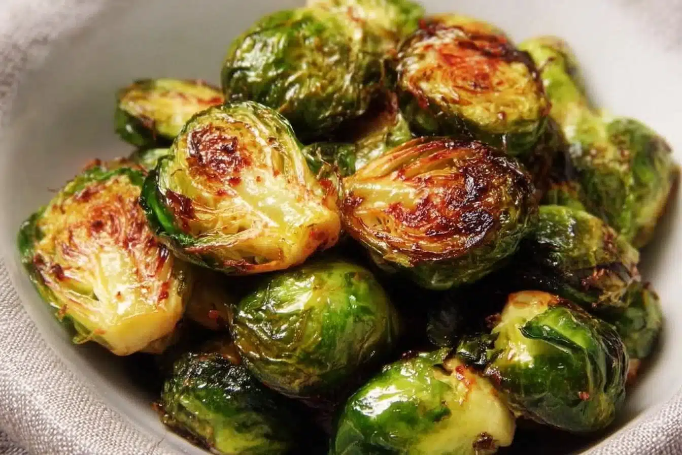 Bowl of delicious roasted Brussels sprouts garnished with herbs