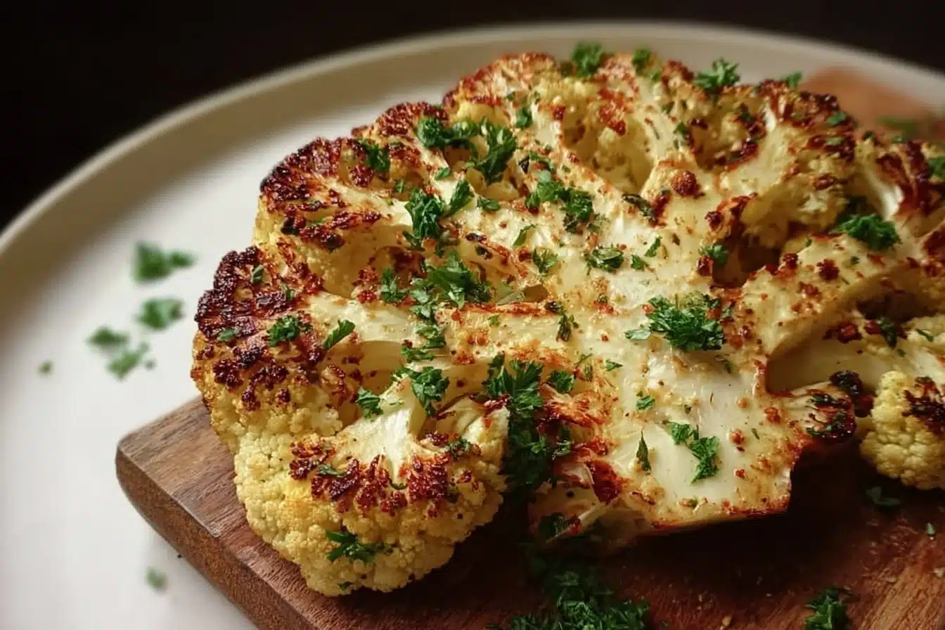 Delicious roasted cauliflower steak served with herbs and spices