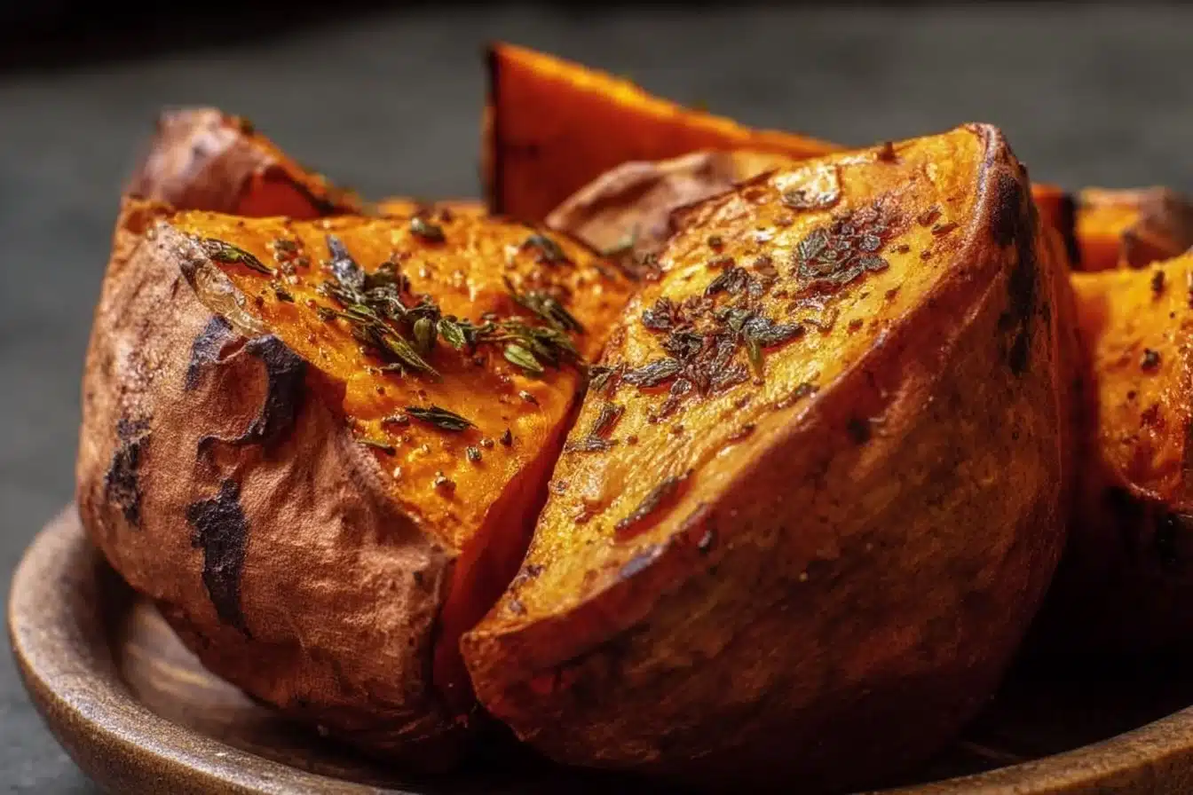 Delicious roasted sweet potato dish ready to serve.