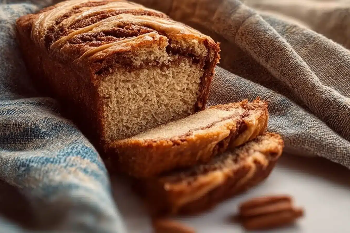 Freshly baked sourdough discard cinnamon quick bread on a wooden cutting board.