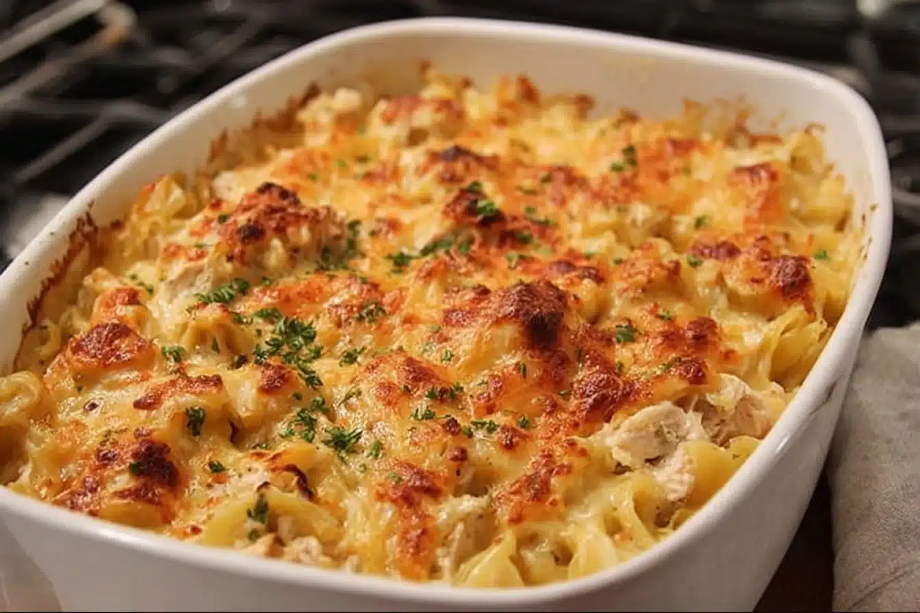 Delicious homemade tuna casserole served in a baking dish