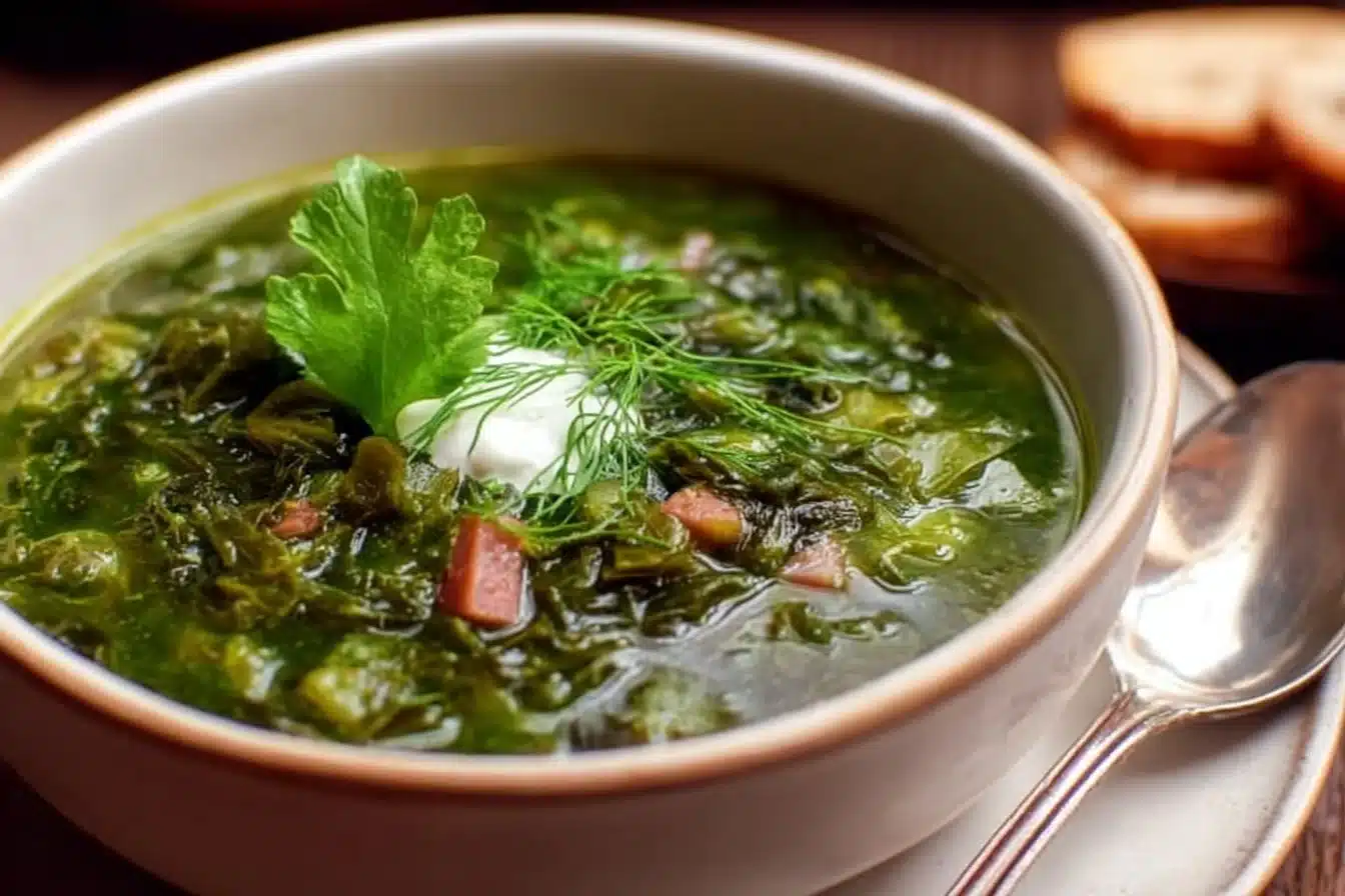Bowl of delicious turnip green soup with fresh ingredients