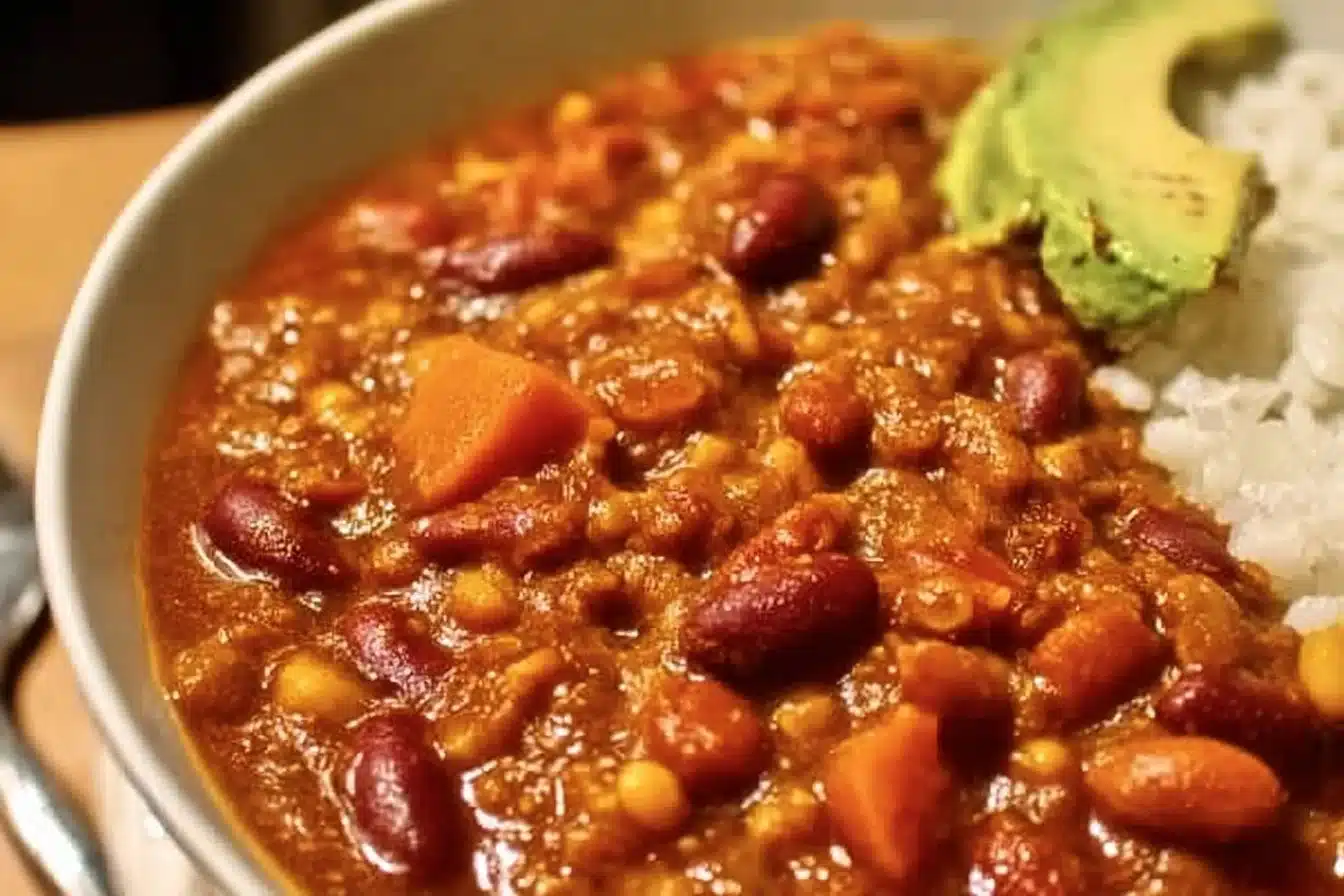 Bowl of delicious, hearty vegan chili topped with fresh herbs