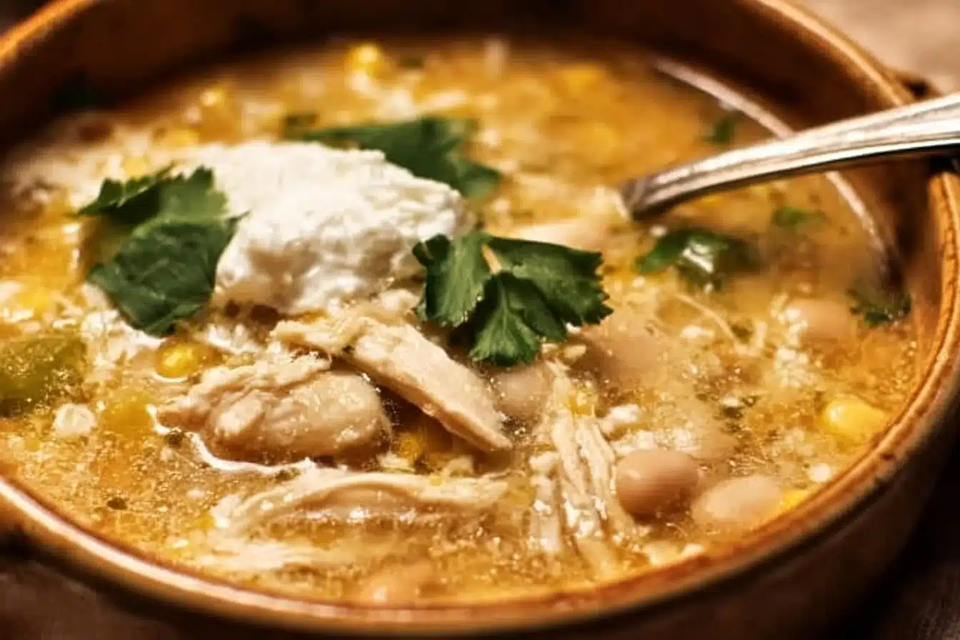 Bowl of creamy white chicken chili topped with herbs and spices