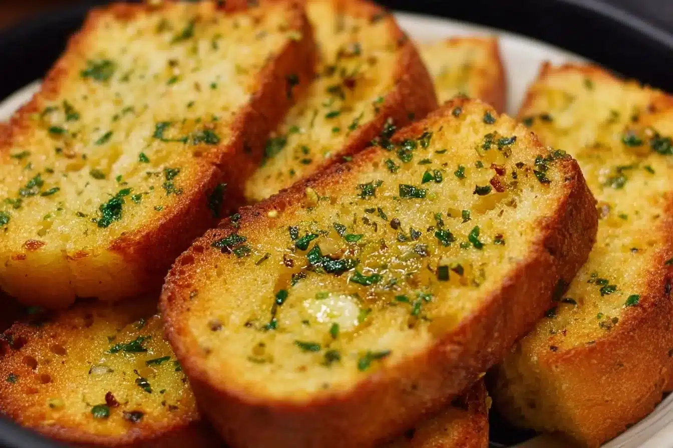 Plate of deliciously easy air fryer garlic bread fresh out of the air fryer