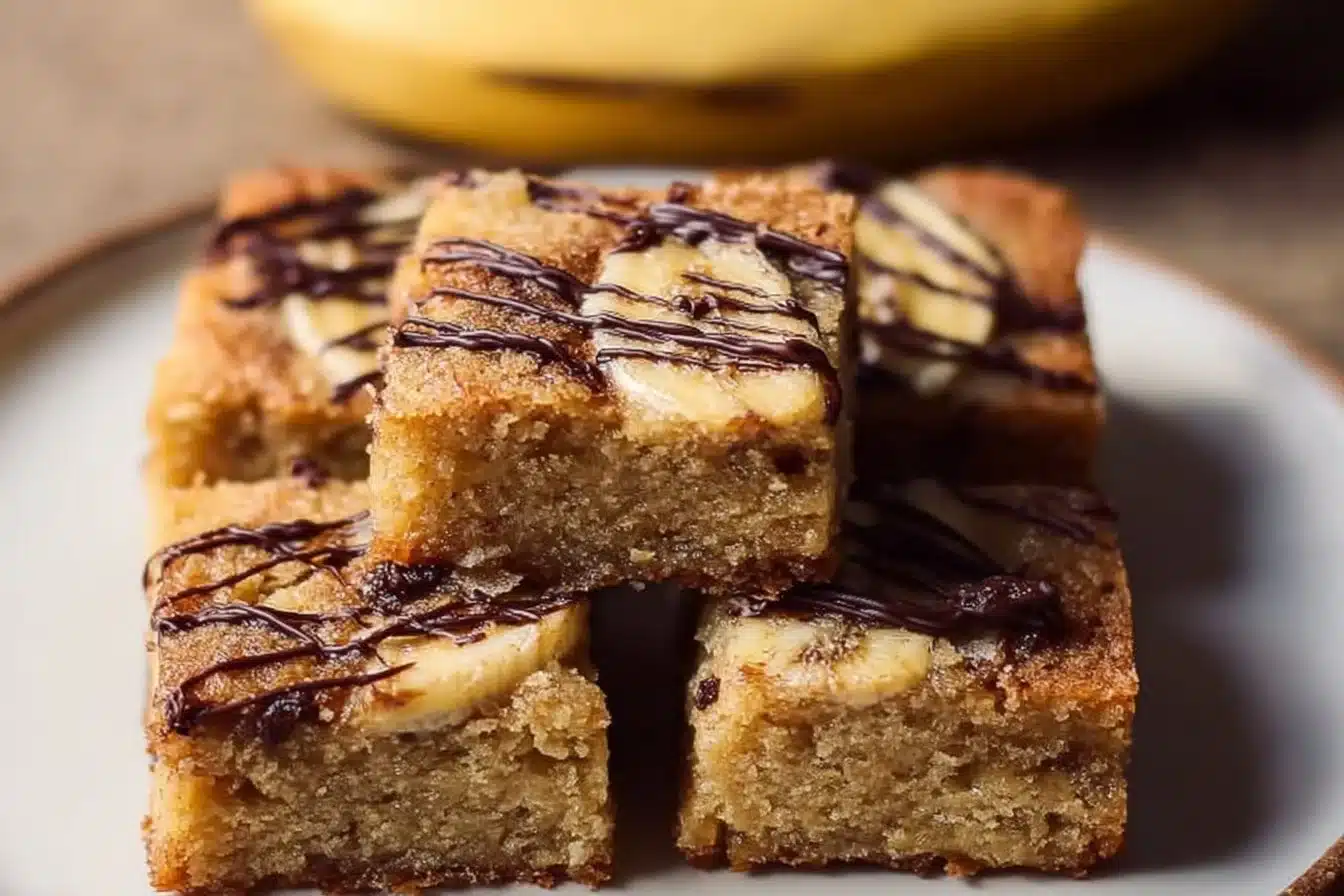 Delicious banana blondies with a golden crust and soft texture
