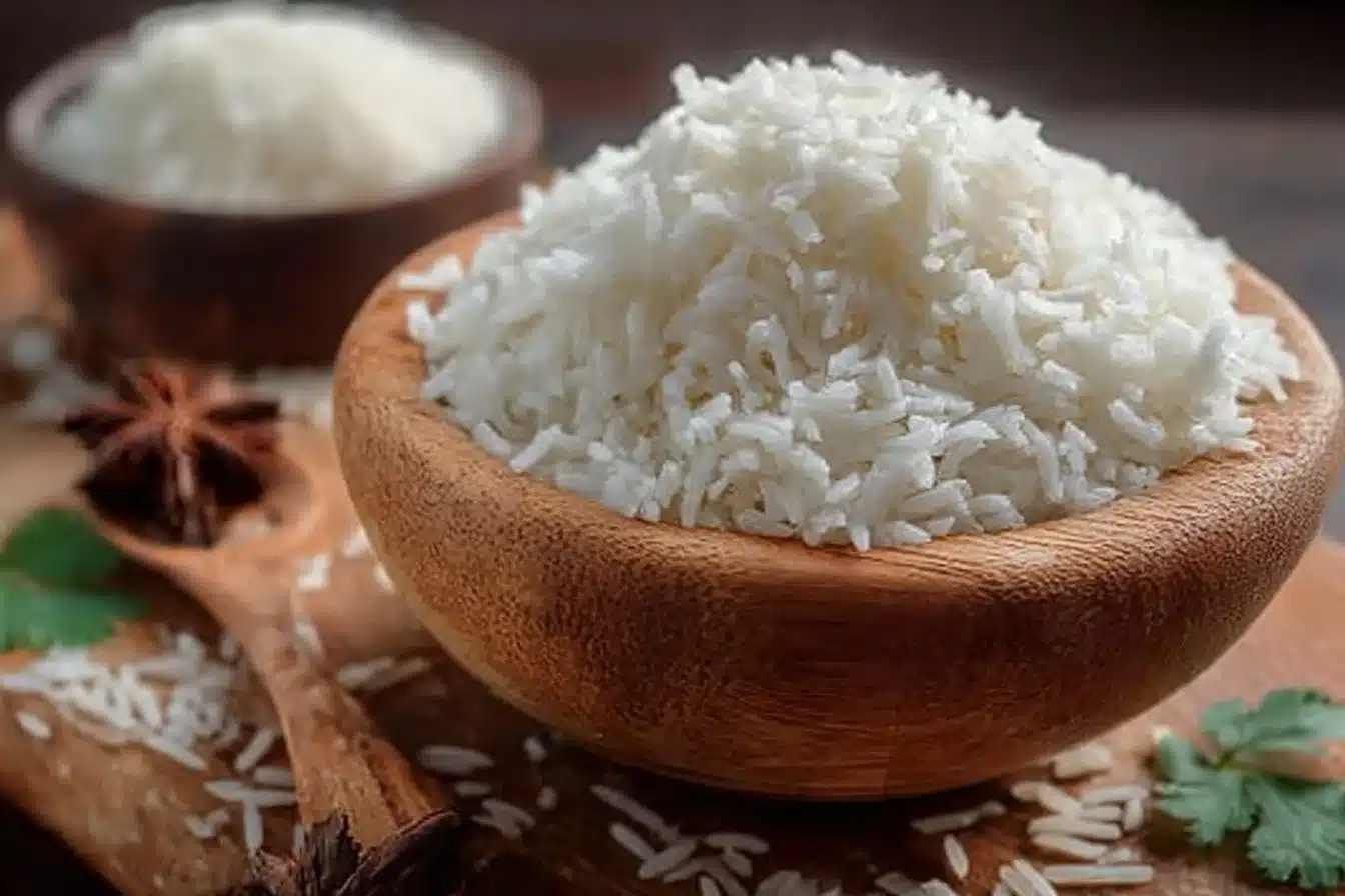 A perfectly cooked bowl of rice served with vegetables and spices
