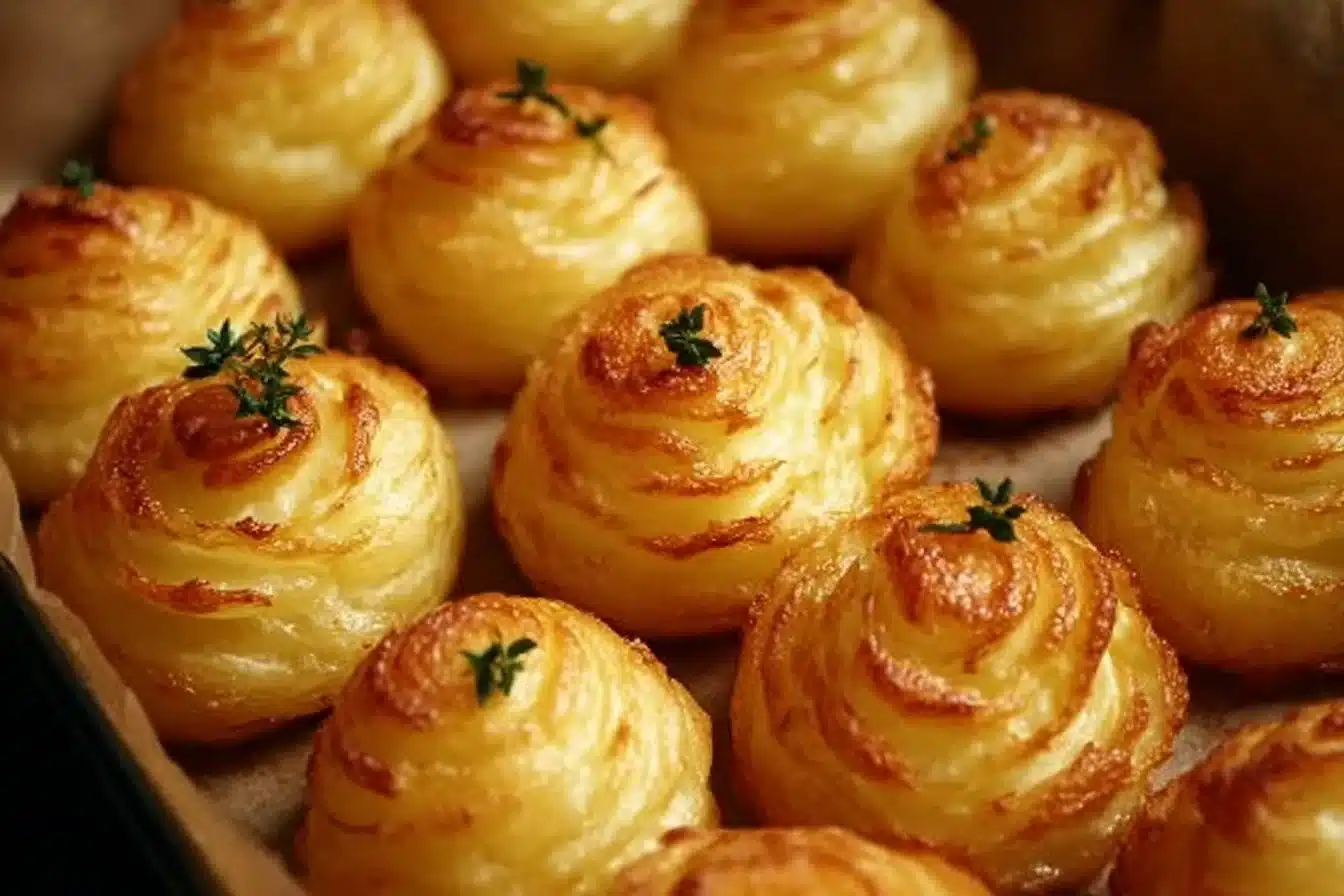 Deliciously piped Duchess Potatoes garnished with herbs.