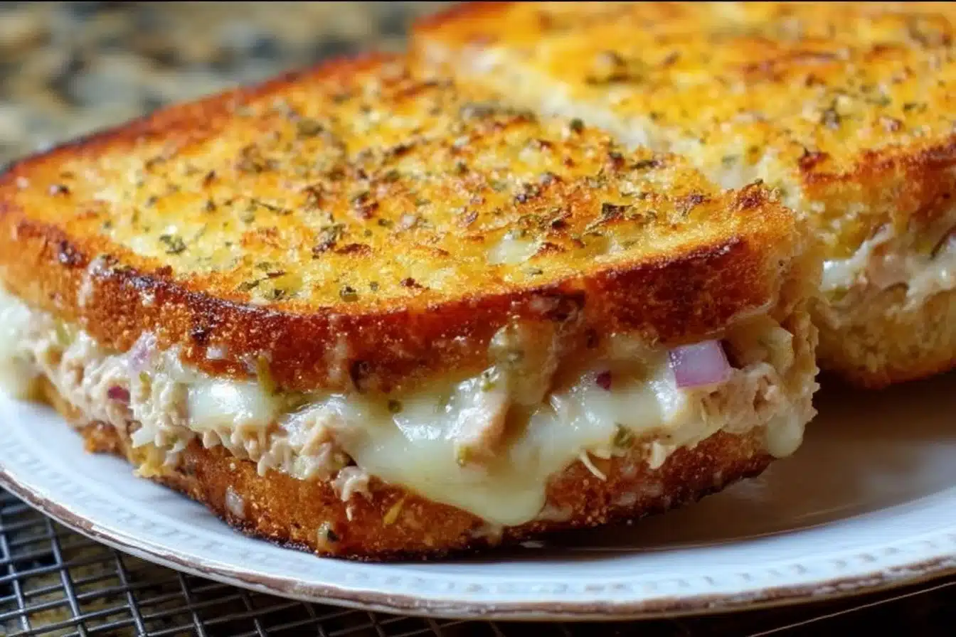 Delicious and crispy air fryer tuna melt sandwich with melted cheese and tuna filling