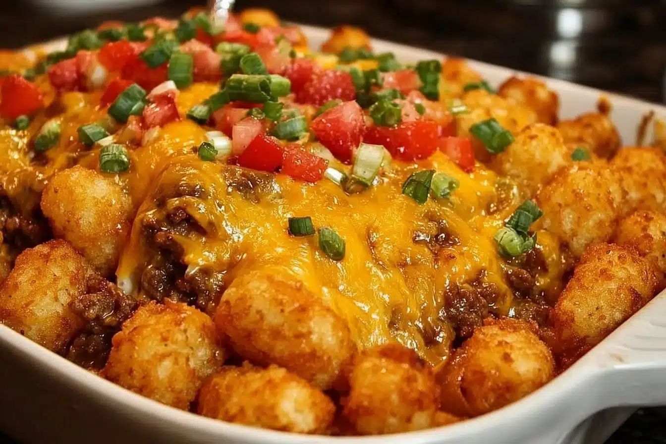 Easy and Delicious Cheeseburger Tator Tot Casserole 3 Cheeseburger tator tot casserole topped with melted cheese and crispy tots