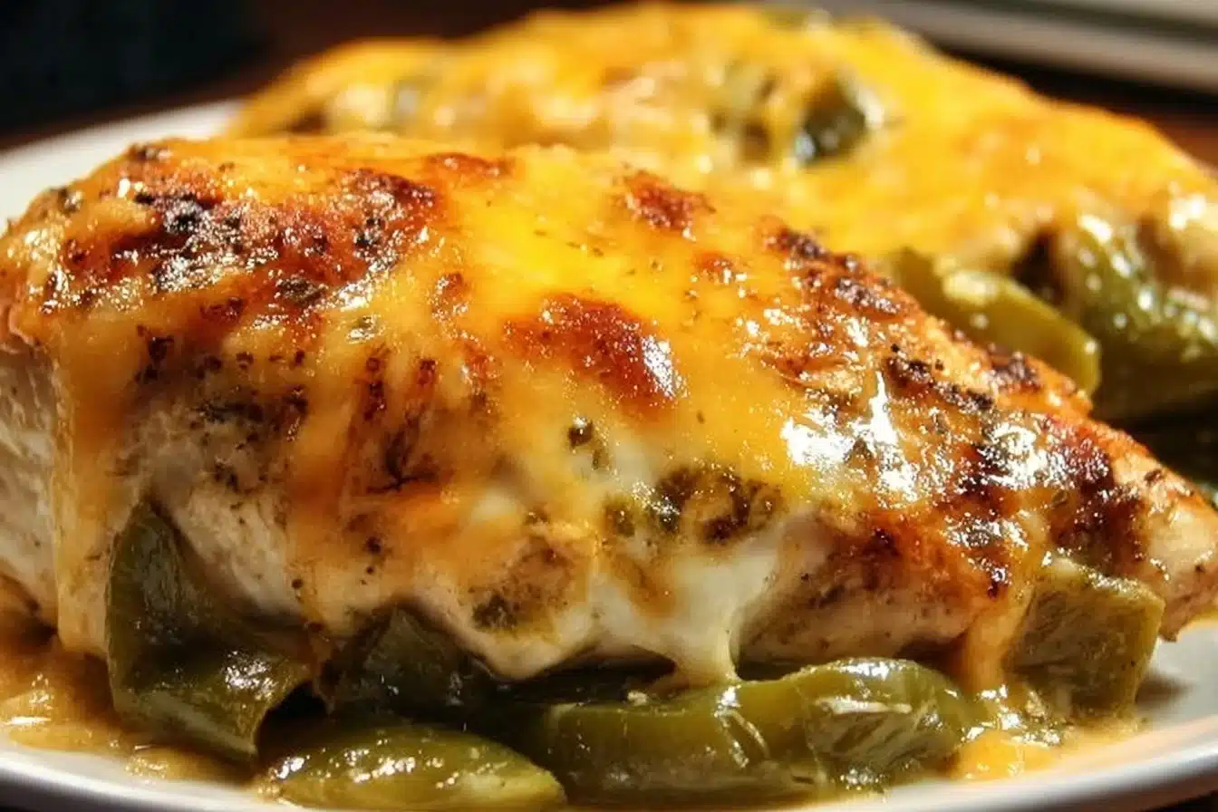Easy and Delicious Chicken with Green Chiles and Cheese 3 Delicious chicken with green chiles and melted cheese in a skillet