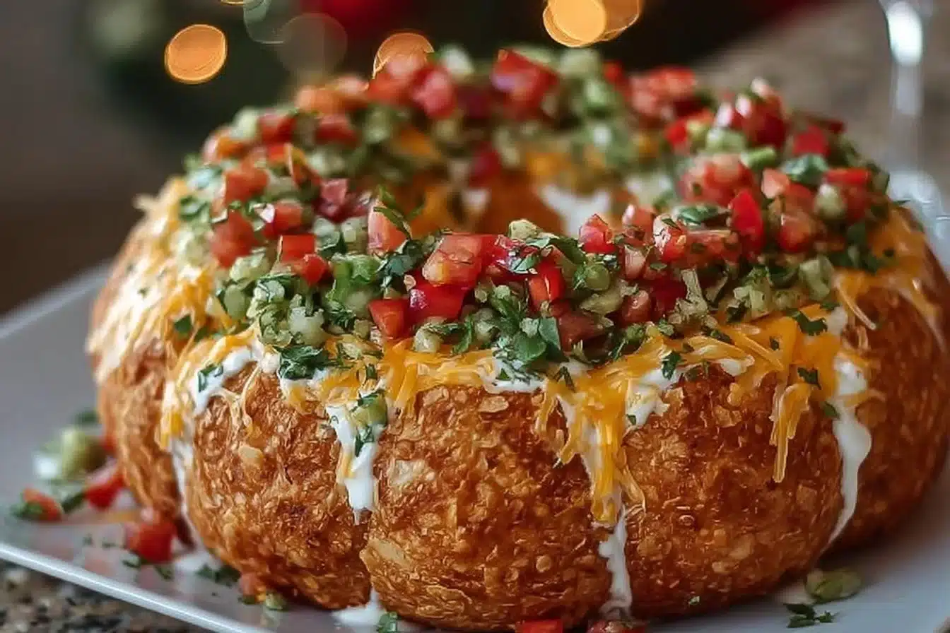 Christmas taco cheese ball wreath decorated for a festive party