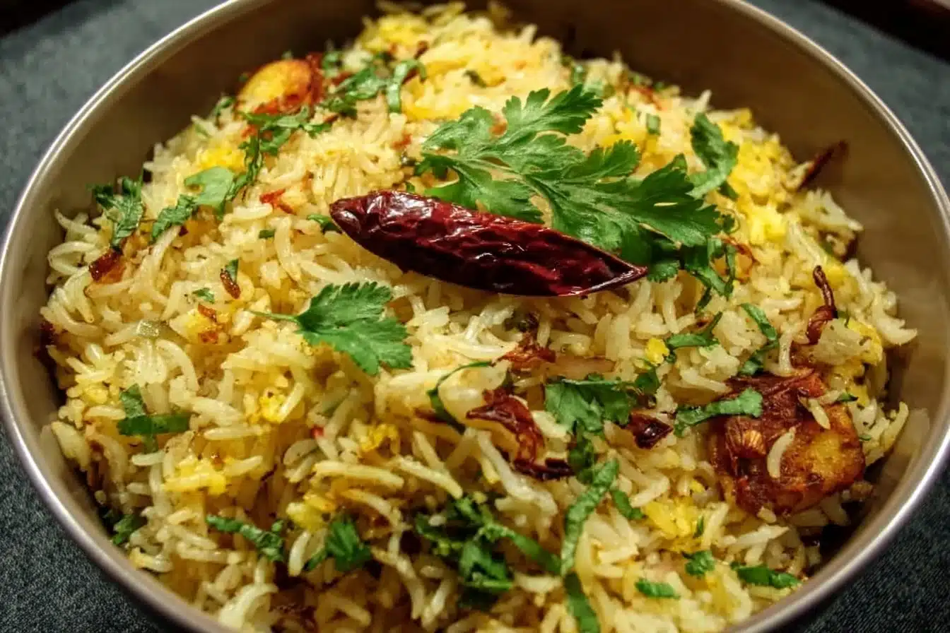 Biryani rice served in a bowl with spices and herbs