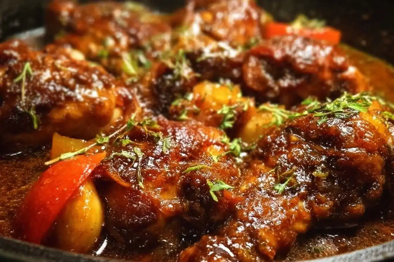 A plate of easy brown stew chicken with vegetables, showcasing rich flavors and colors.