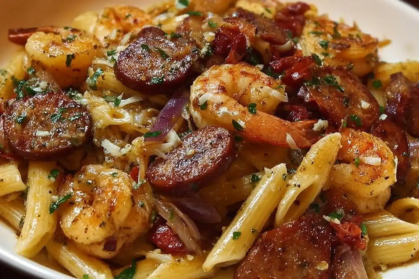 Plate of easy Cajun shrimp pasta with sausage and spices