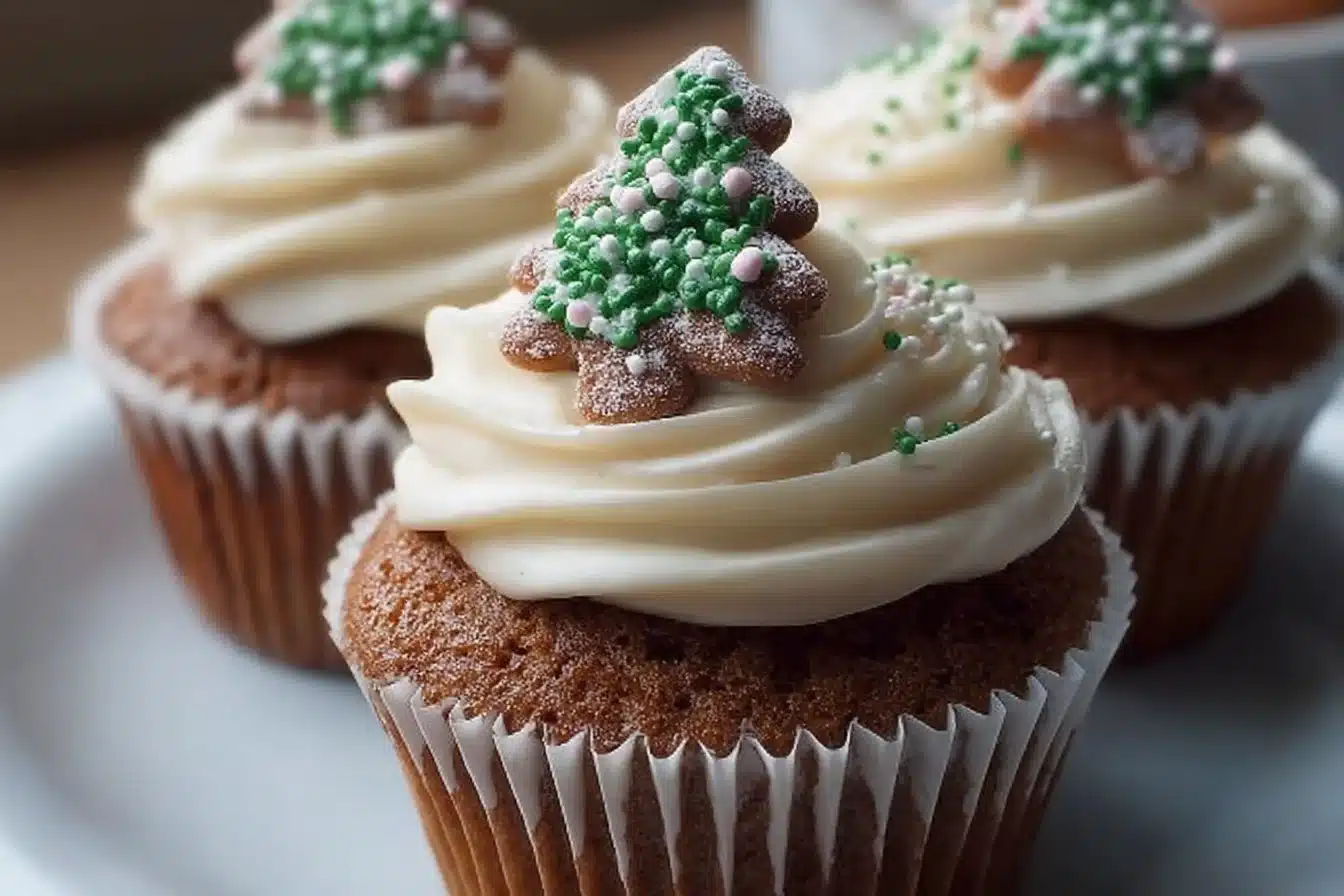 Delicious easy Christmas gingerbread cupcakes with festive decorations
