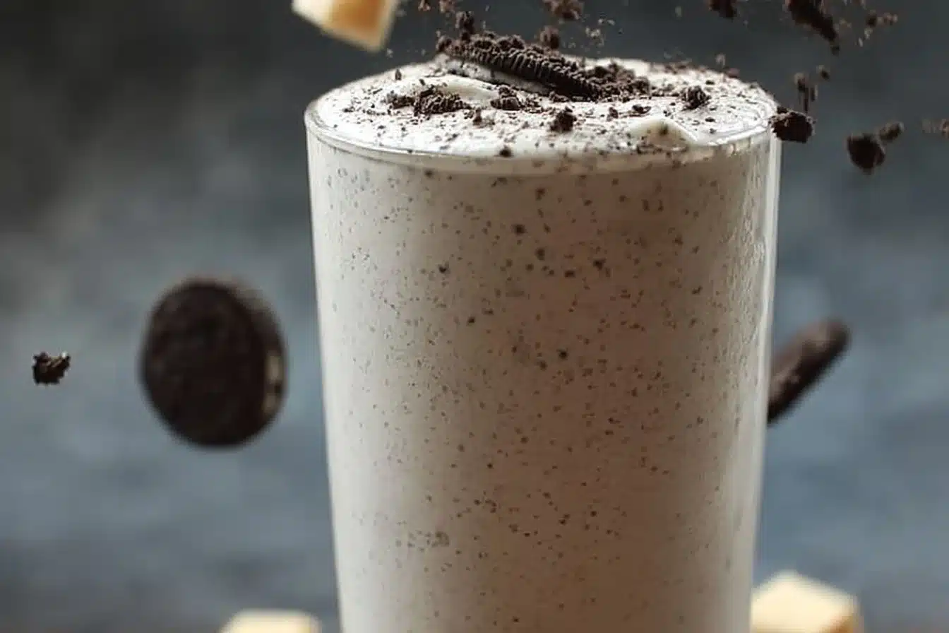 Delicious cookies and cream protein shake in a glass with a straw