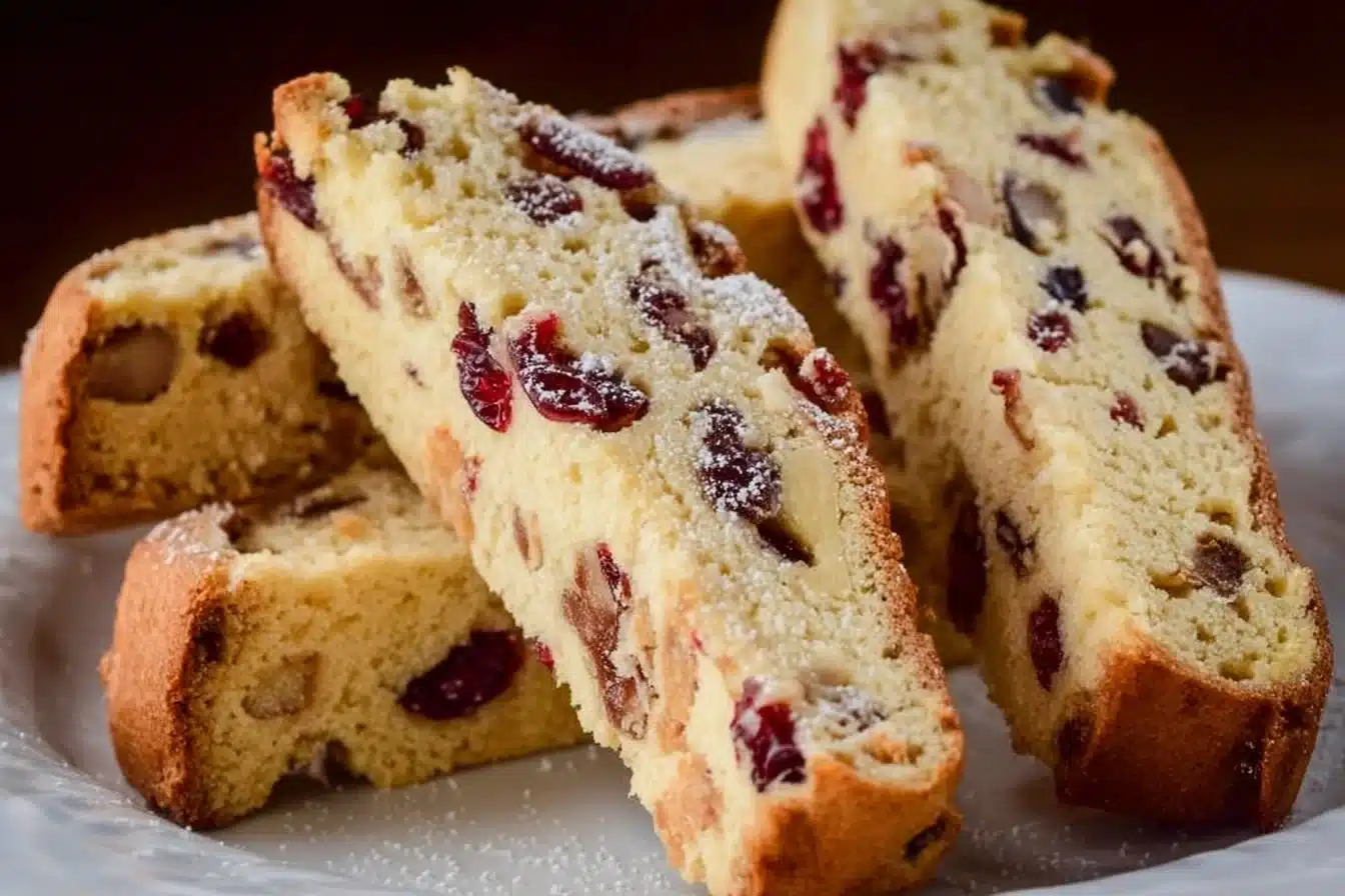Easy cranberry white chocolate biscotti on a rustic wooden table.