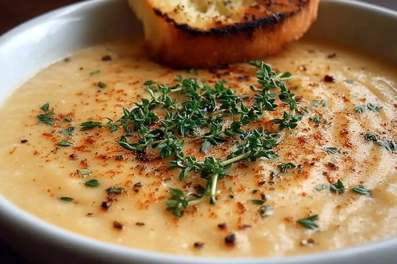 Bowl of easy creamy roasted cauliflower white bean soup garnished with herbs