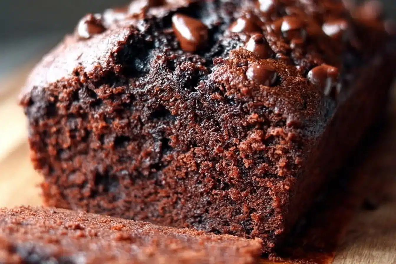 Easy Delicious Chocolate Chocolate Chip Zucchini Bread 3 A slice of easy chocolate zucchini bread with chocolate chips on a plate.
