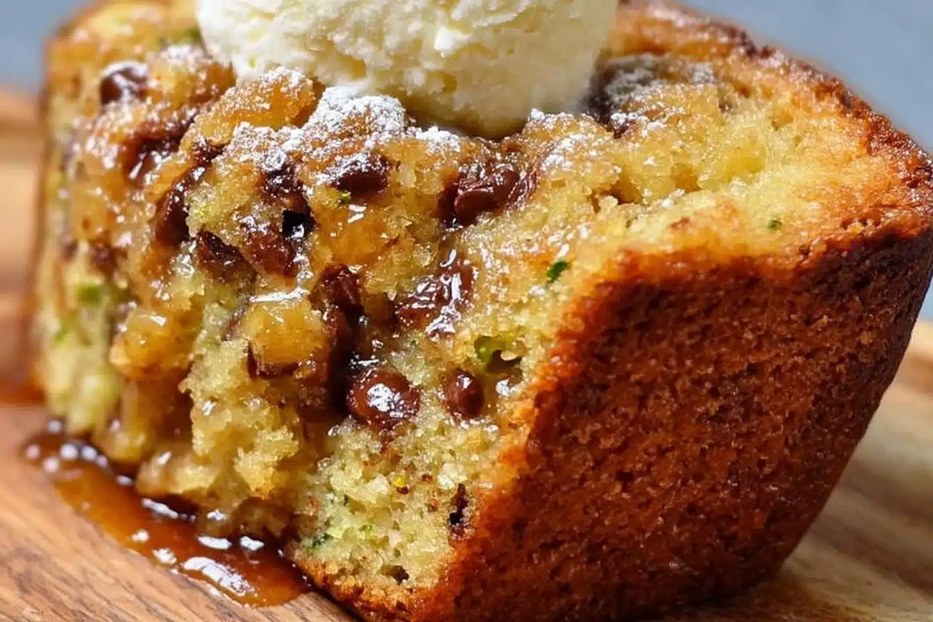 Sliced chocolate chip zucchini bread on a wooden cutting board.