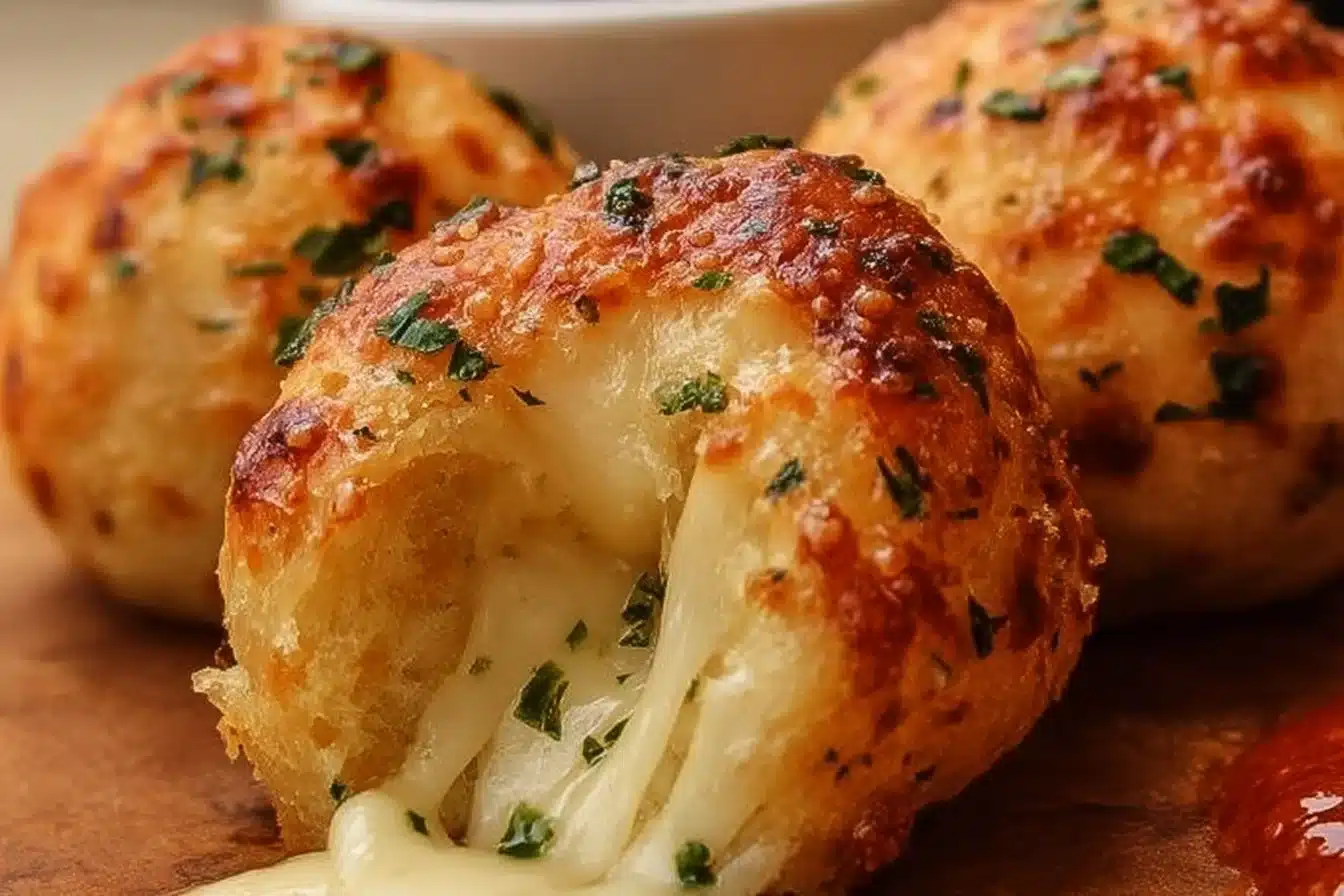 Easy homemade garlic cheese bombs ready to be served warm and cheesy.
