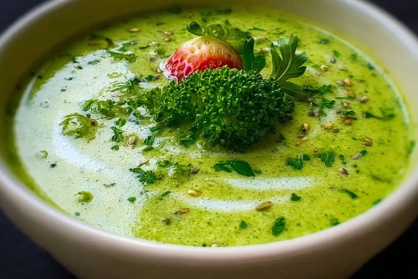 Bowl of Easy Green Goddess Soup with fresh green ingredients