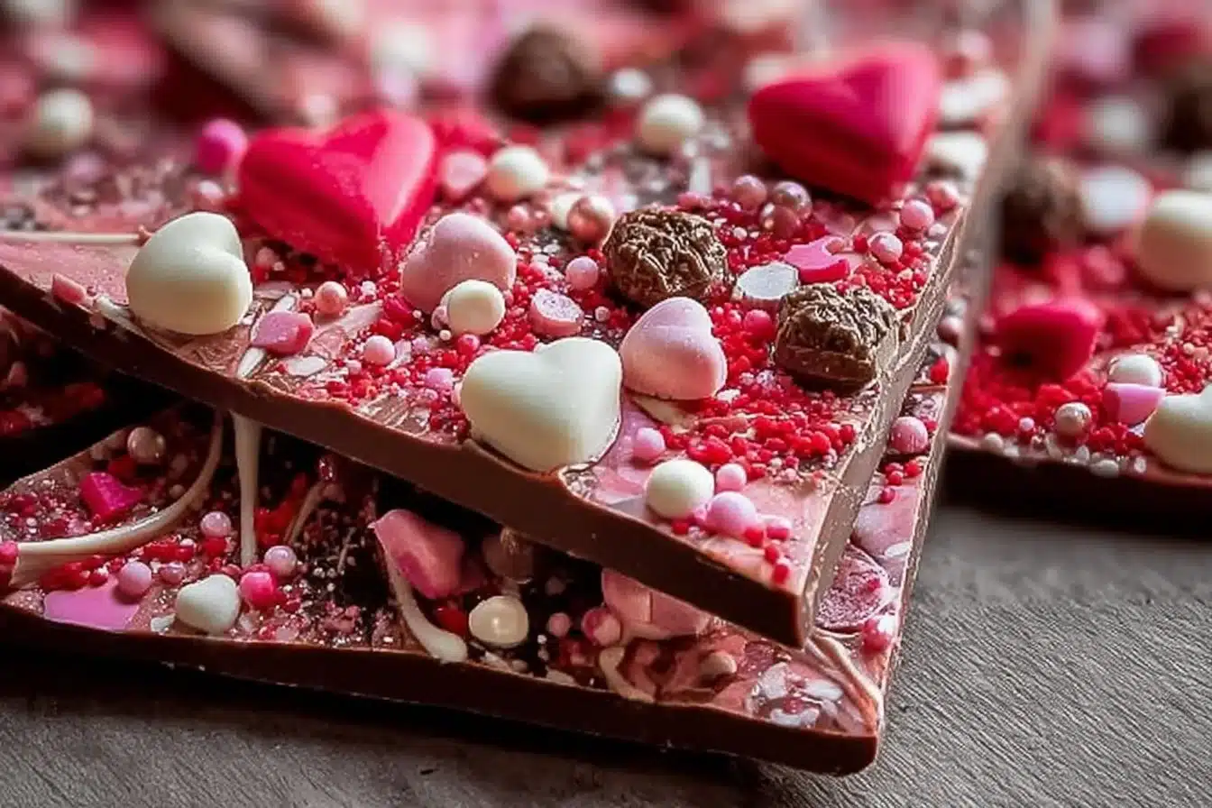 Easy Irresistible Valentine’s Day Chocolate Bark 3 Valentine's Day chocolate bark decorated with heart shapes and colorful sprinkles