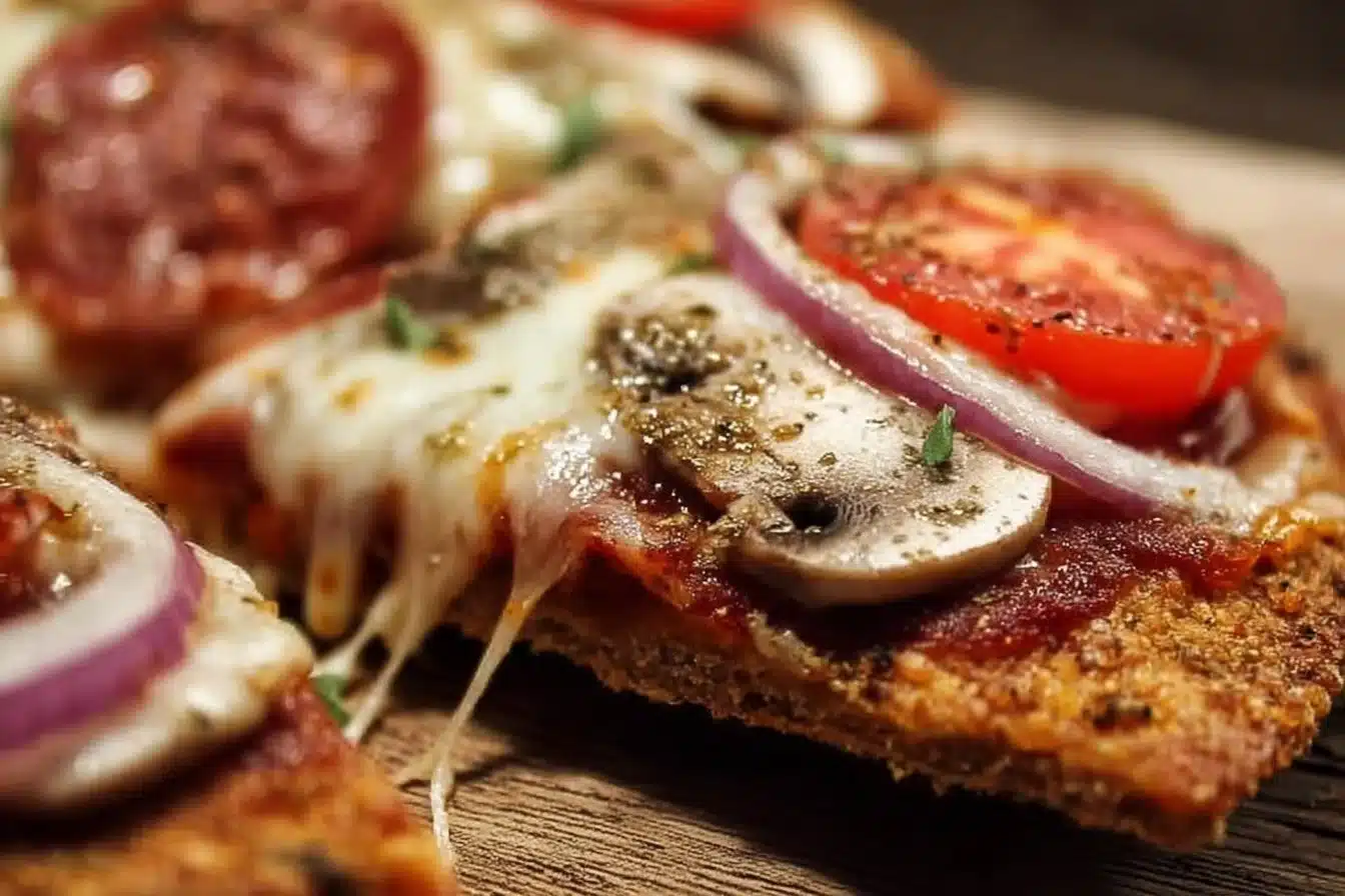 Delicious homemade pita bread pizza topped with fresh ingredients.
