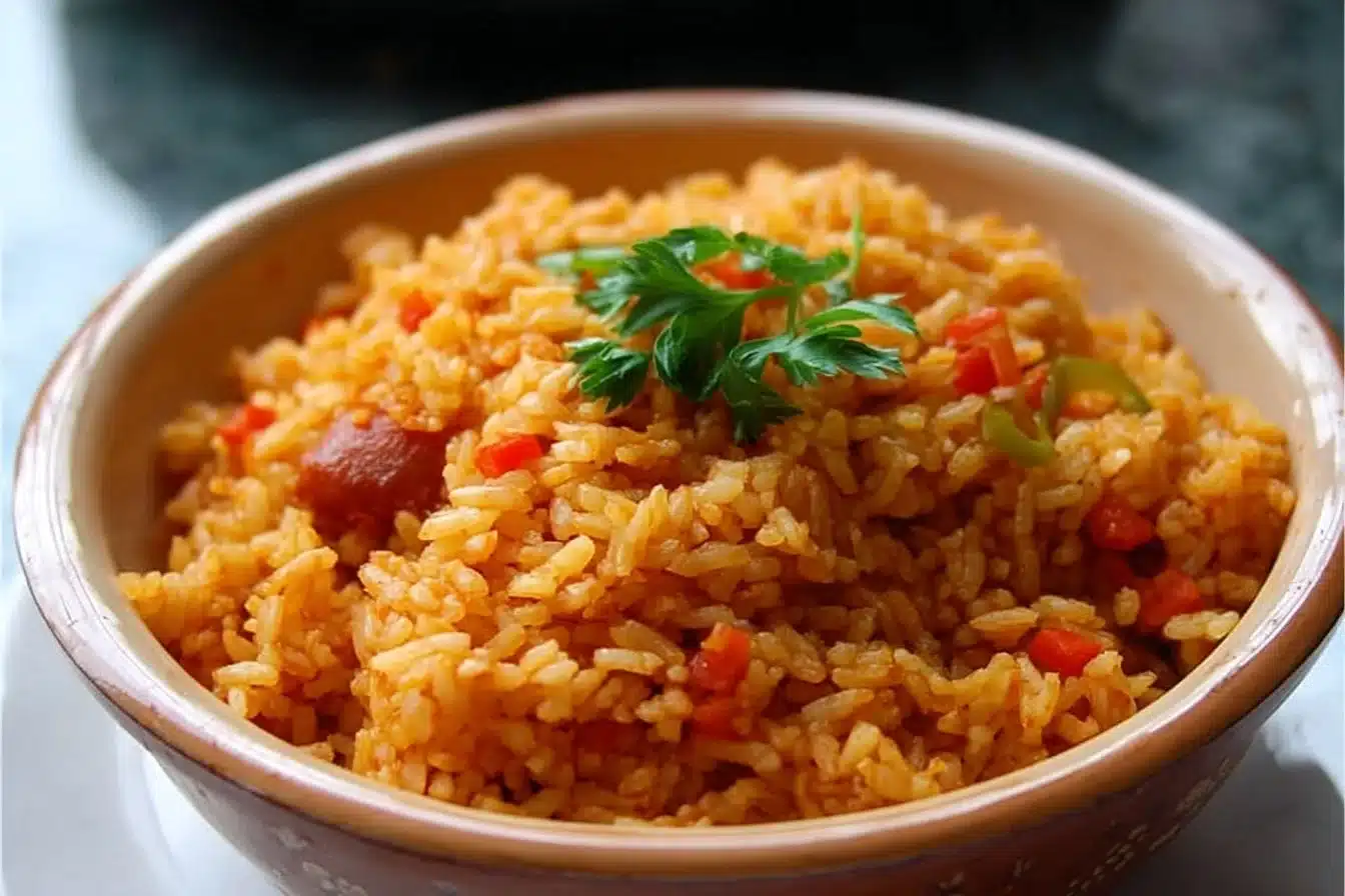 Easy Rice Cooker Spanish Rice dish on a plate with garnishes