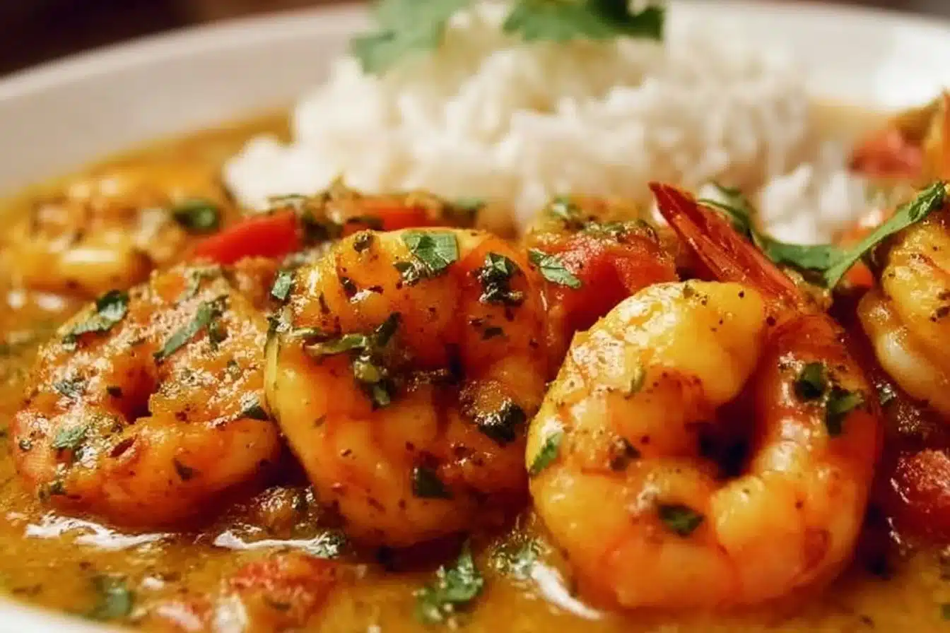 A bowl of delicious coconut curry shrimp with vibrant colors and fresh ingredients.