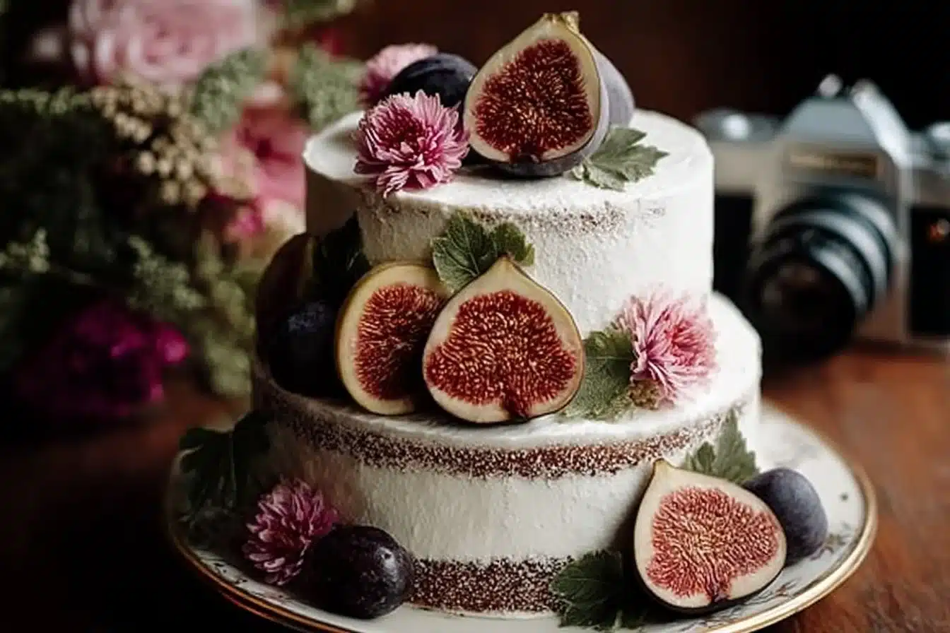 Beautiful Fig Wedding Cake adorned with fresh figs and floral accents