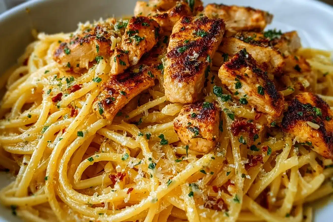 Garlic Butter Chicken Pasta 3 Creamy Garlic Butter Chicken Pasta with herbs and grated Parmesan cheese