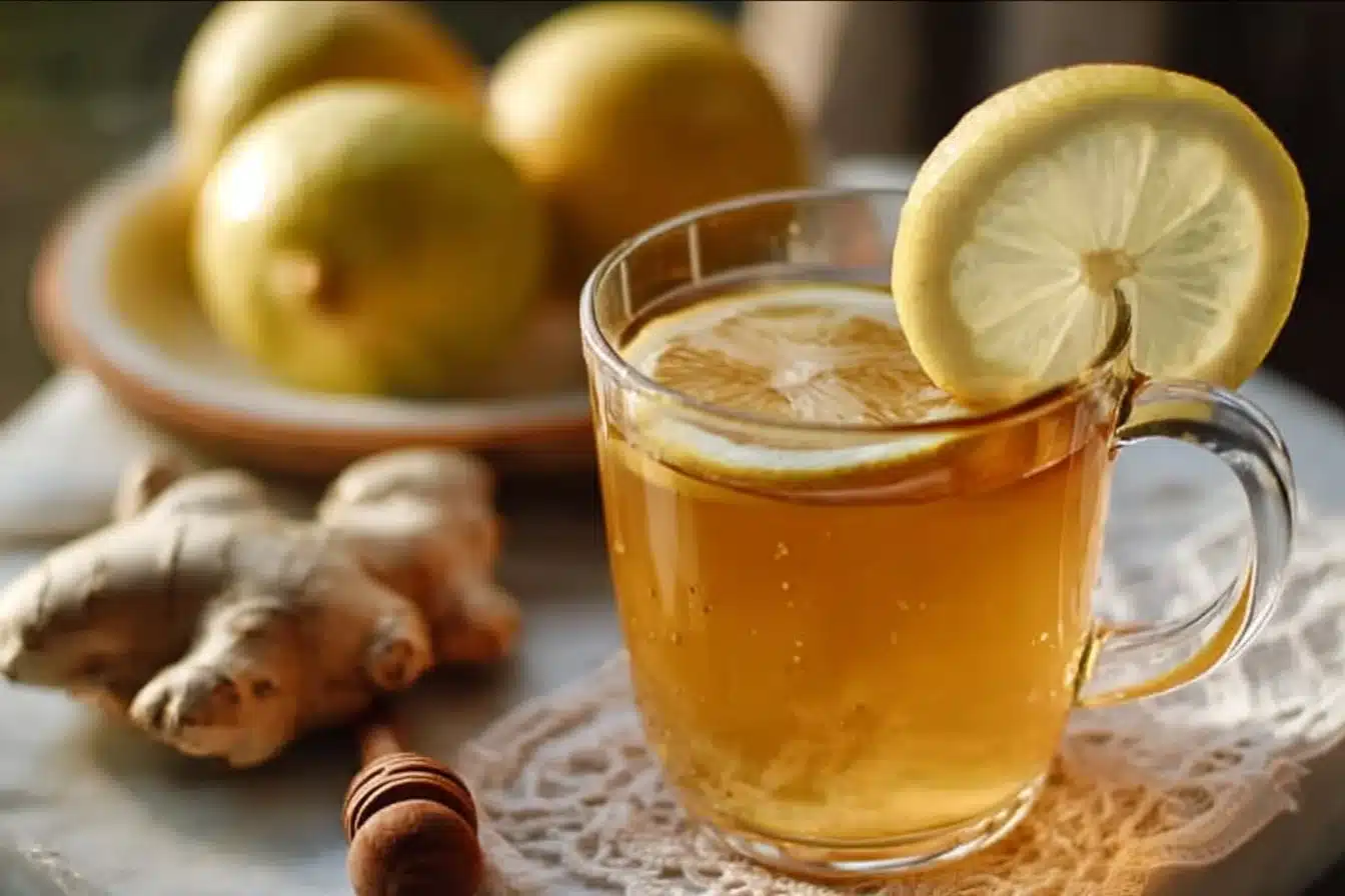 Ginger Lemon Honey Tea 3 A cup of steaming Ginger Lemon Honey Tea with fresh ingredients.