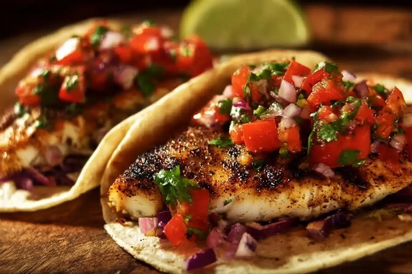 Delicious grilled fish tacos topped with fresh ingredients and served on a plate.