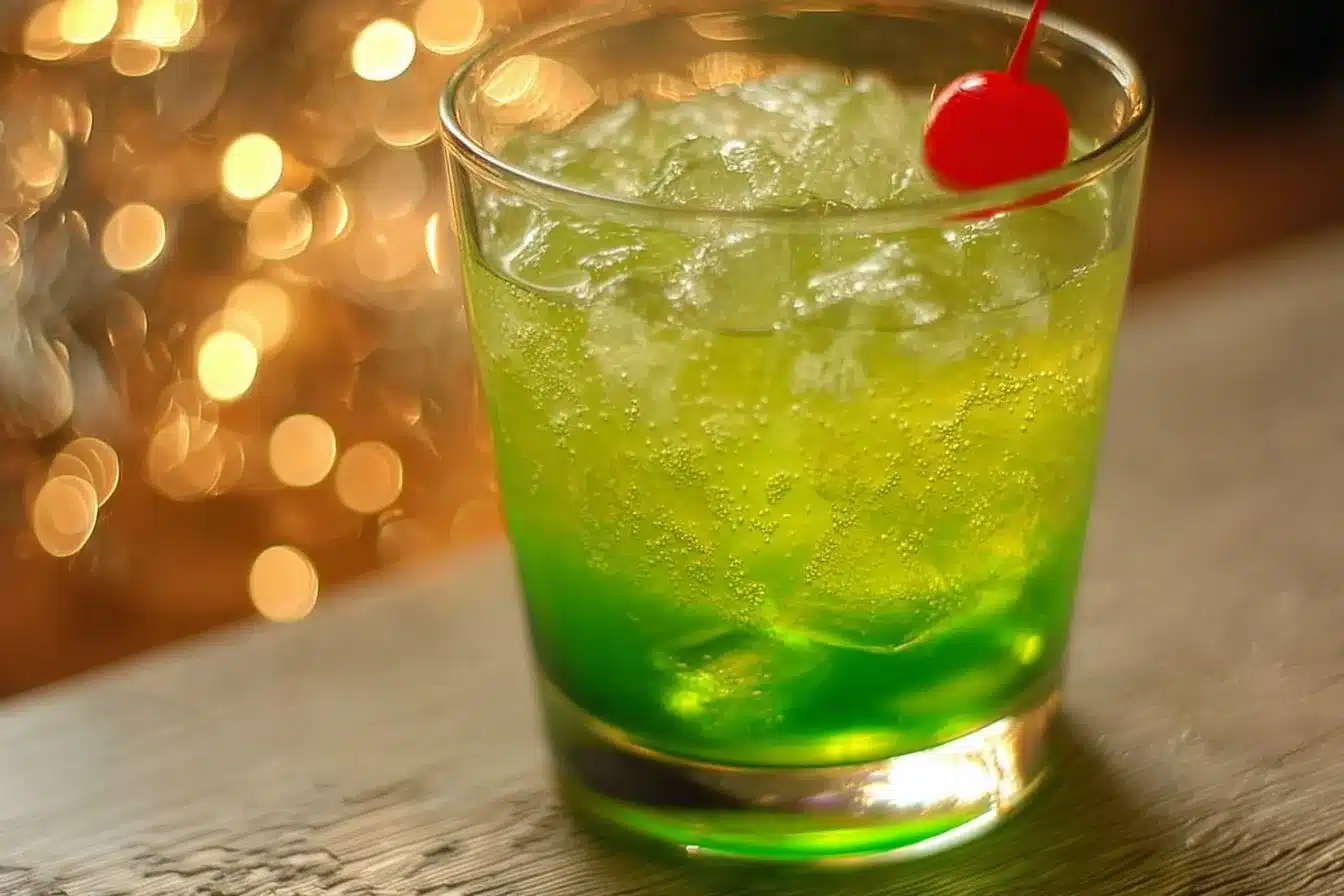 Festive Grinch Cocktail in a glass with decorative green and red garnish