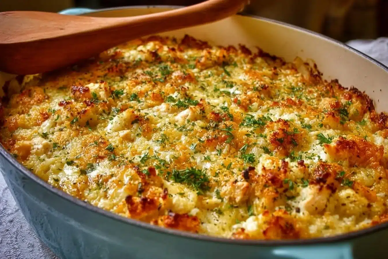 Healthy Chicken Cauliflower Rice Casserole 3 Healthy chicken cauliflower rice casserole dish served in a bowl