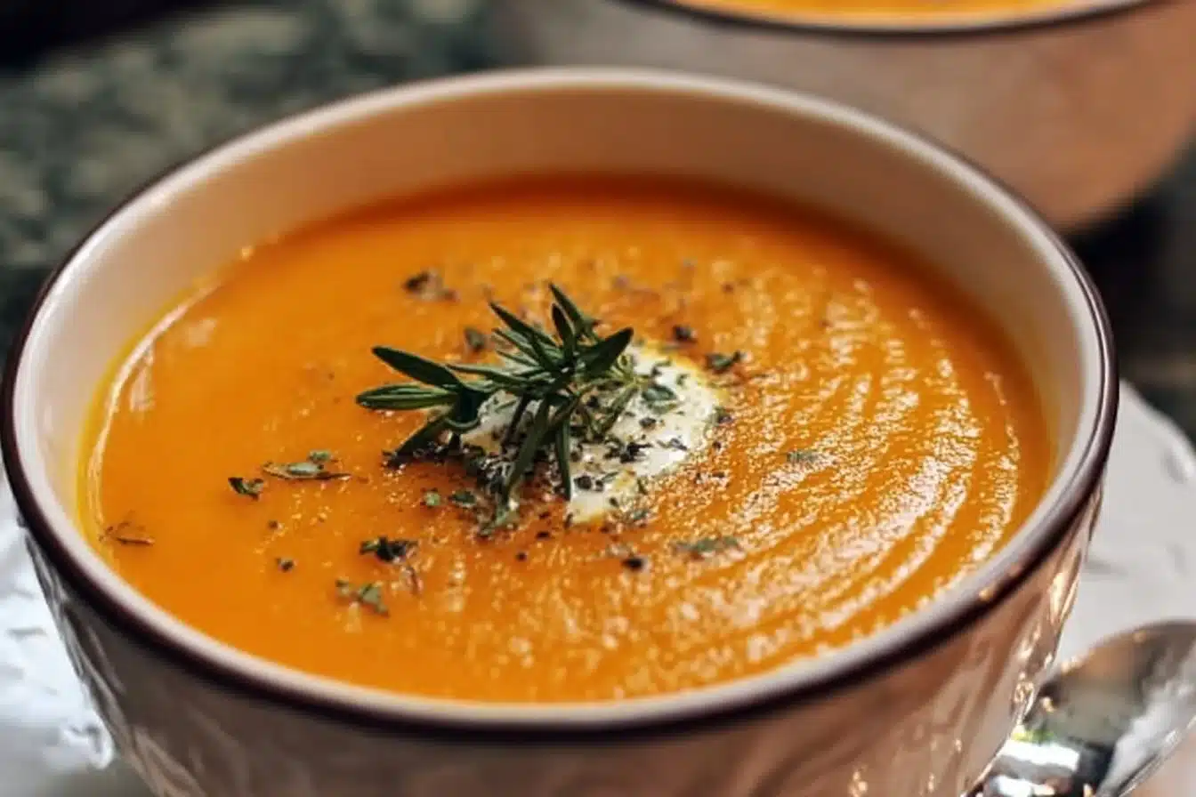 Healthy vegan carrot ginger soup in a bowl, garnished with fresh herbs.