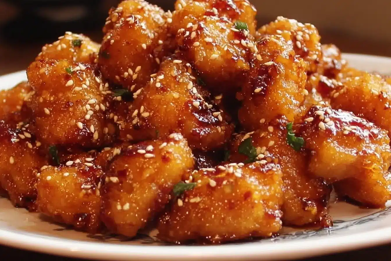 Plate of Honey Garlic Chicken Bites glistening with a sweet glaze