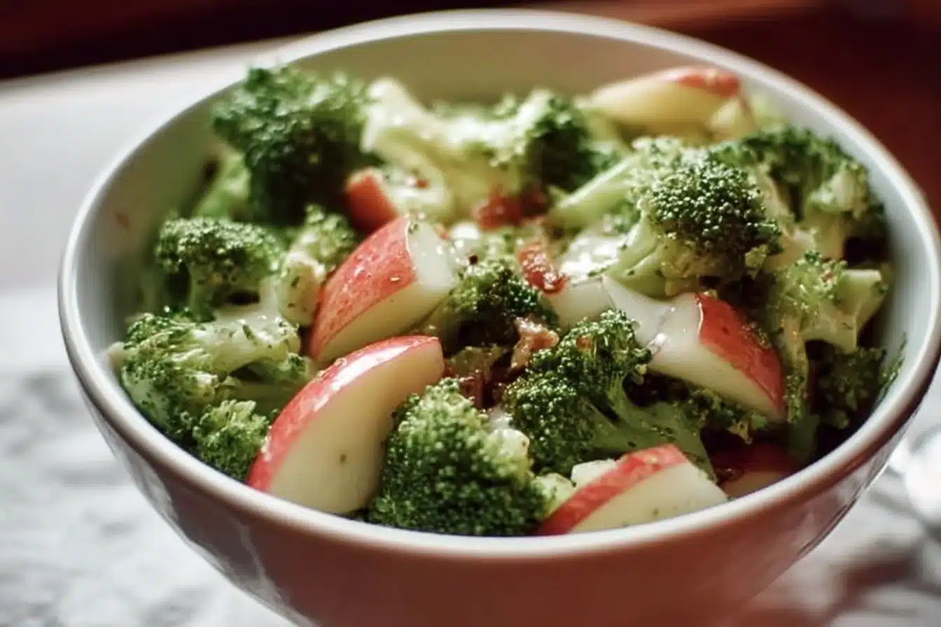 Delicious Honeycrisp apple broccoli salad served in a bowl