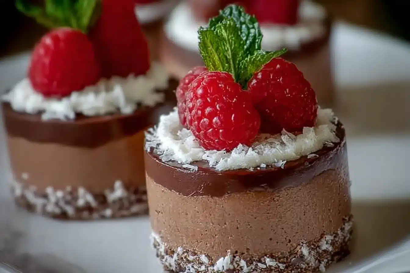 Decadent triple chocolate mousse cakes topped with rich chocolate ganache.