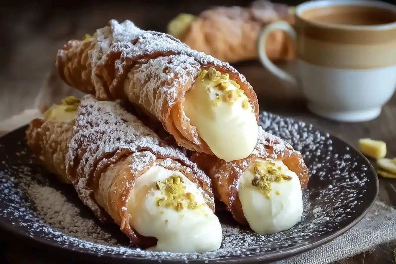 Italian Cream Stuffed Cannoncini 3 Italian cream-stuffed cannoncini pastry ready to serve.